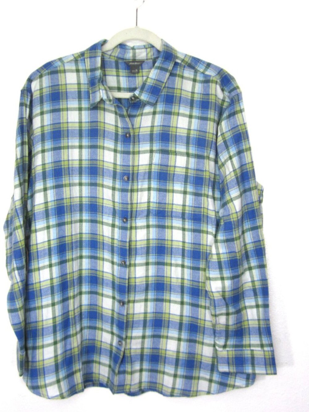 NWOT Eddie Bauer Size XL 16 Soft Flannel Top Blue Green Yellow Plaid Button